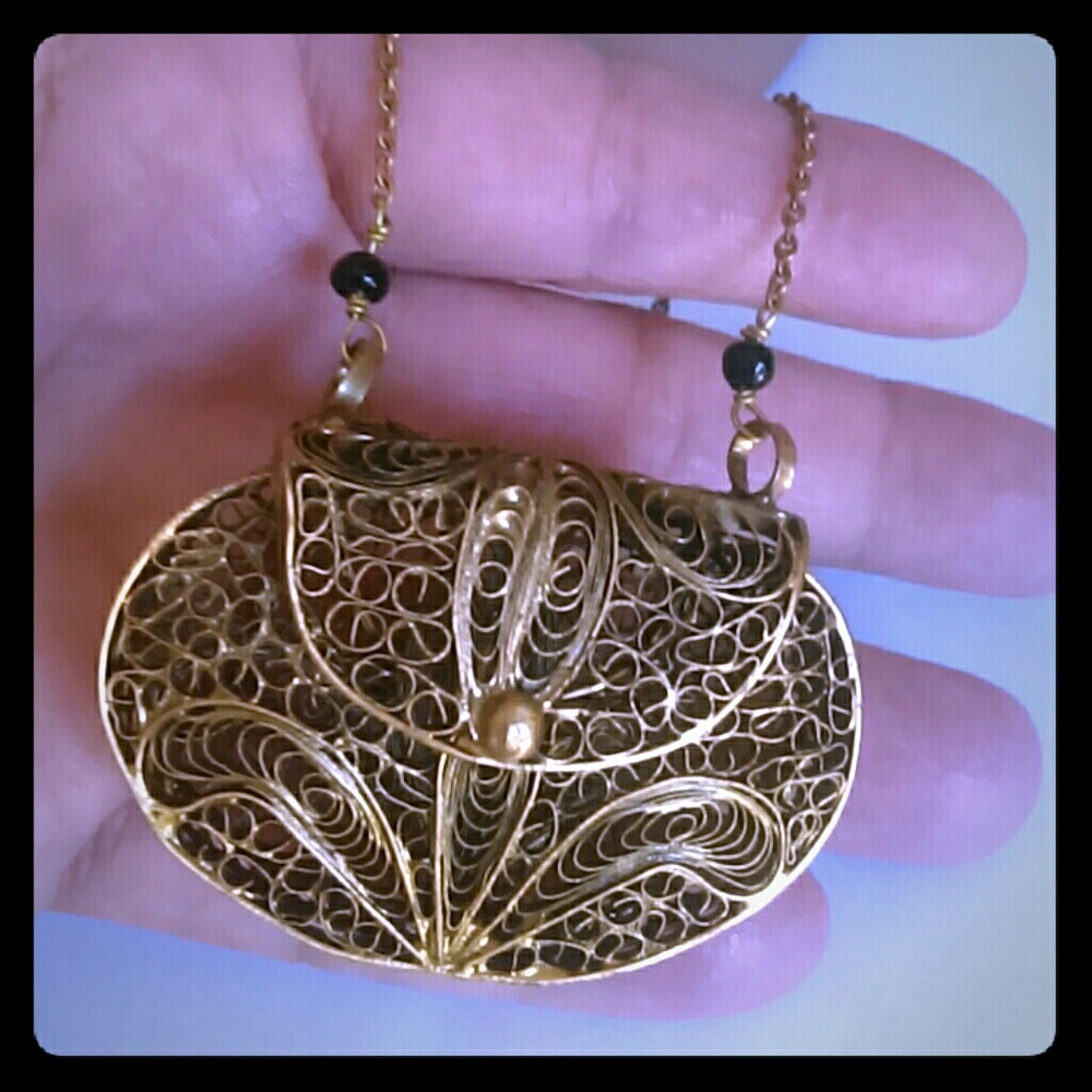 Vtg Metal Art Deco Purse Necklace glass beaded